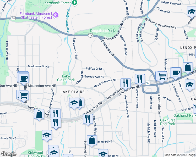 map of restaurants, bars, coffee shops, grocery stores, and more near 2029 Tuxedo Avenue Northeast in Atlanta