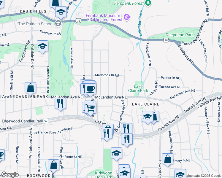 map of restaurants, bars, coffee shops, grocery stores, and more near 425 Harold Avenue Northeast in Atlanta