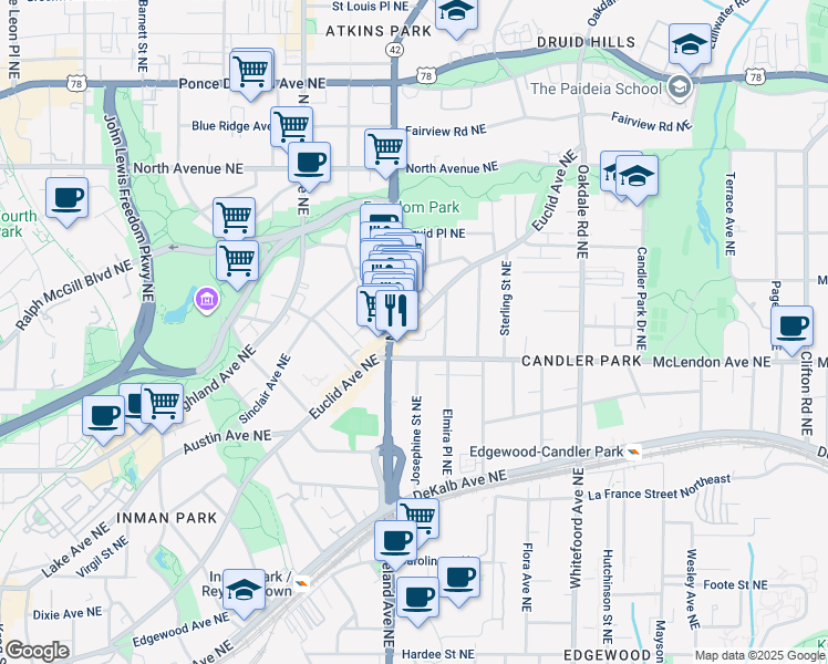 map of restaurants, bars, coffee shops, grocery stores, and more near 1225 Euclid Avenue Northeast in Atlanta