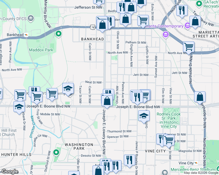 map of restaurants, bars, coffee shops, grocery stores, and more near 435 Joseph E. Lowery Boulevard Northwest in Atlanta