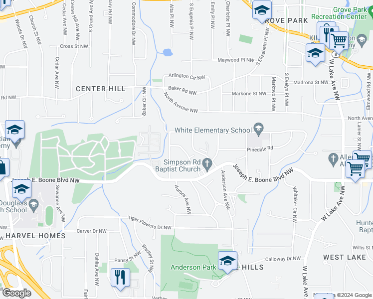 map of restaurants, bars, coffee shops, grocery stores, and more near 4140 Westchester Boulevard Northwest in Atlanta