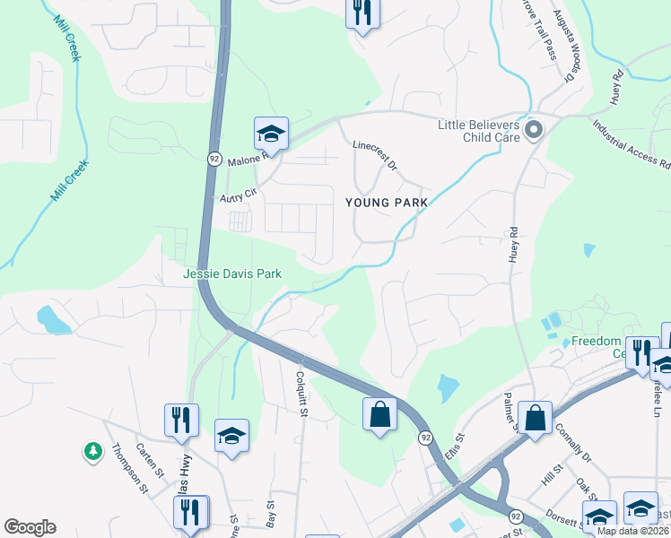 map of restaurants, bars, coffee shops, grocery stores, and more near 6572 Snowbird Lane in Douglasville