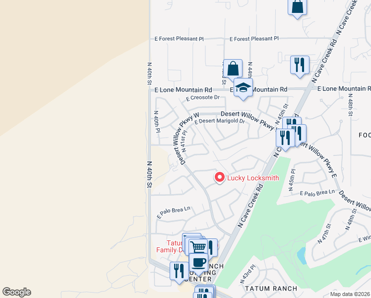 map of restaurants, bars, coffee shops, grocery stores, and more near 31002 North 41st Place in Cave Creek