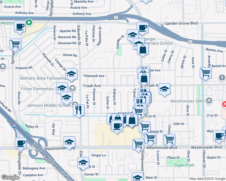 map of restaurants, bars, coffee shops, grocery stores, and more near 6751 Klondike Avenue in Westminster