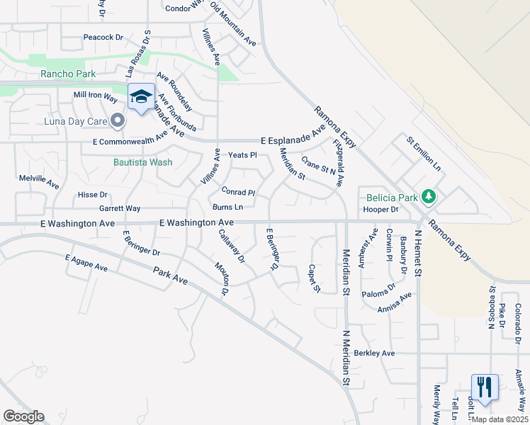 map of restaurants, bars, coffee shops, grocery stores, and more near 1679 East Beringer Drive in San Jacinto