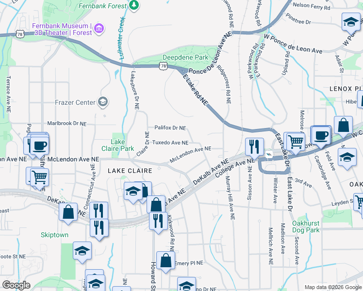 map of restaurants, bars, coffee shops, grocery stores, and more near 2039 Tuxedo Avenue Northeast in Atlanta