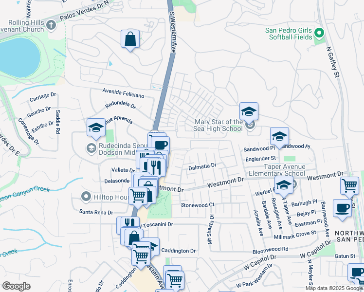 map of restaurants, bars, coffee shops, grocery stores, and more near 28006 South Western Avenue in San Pedro