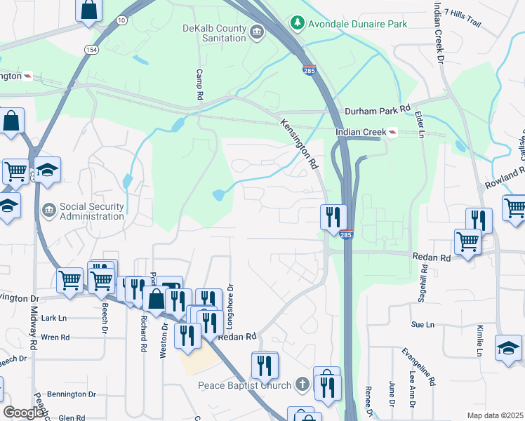 map of restaurants, bars, coffee shops, grocery stores, and more near 4098 Kenridge Parkway in Decatur
