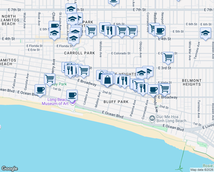 map of restaurants, bars, coffee shops, grocery stores, and more near 6 Colorado Place in Long Beach
