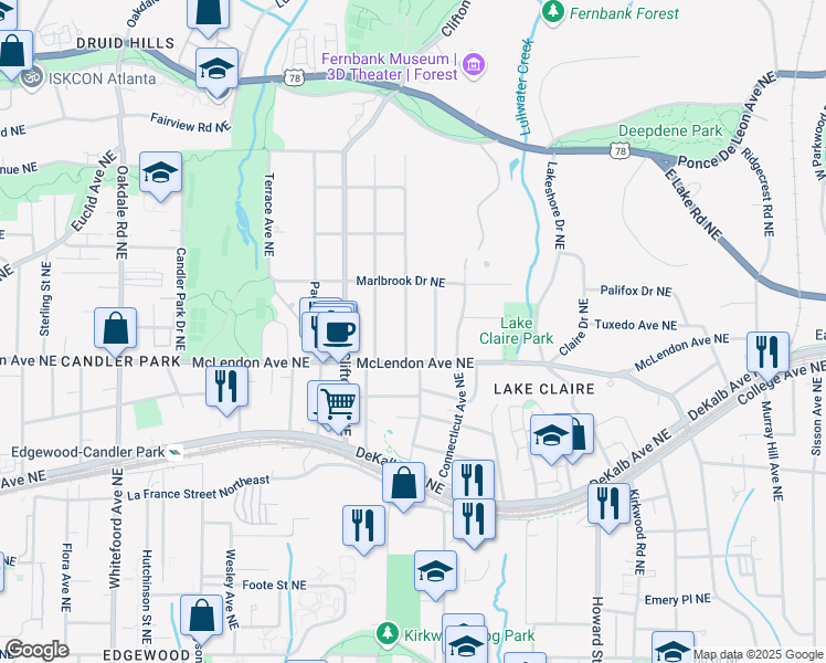 map of restaurants, bars, coffee shops, grocery stores, and more near 425 Harold Avenue Northeast in Atlanta