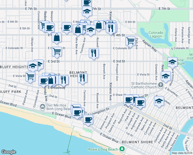 map of restaurants, bars, coffee shops, grocery stores, and more near 247 Roswell Avenue in Long Beach