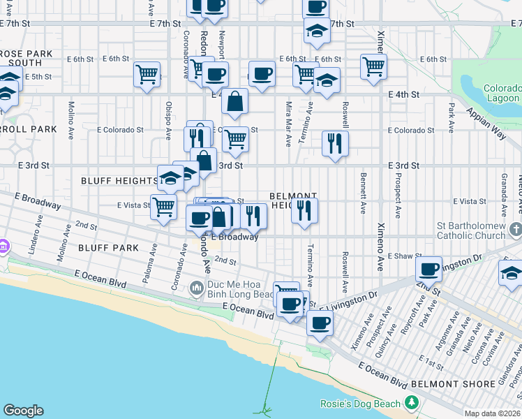 map of restaurants, bars, coffee shops, grocery stores, and more near 242 Euclid Avenue in Long Beach