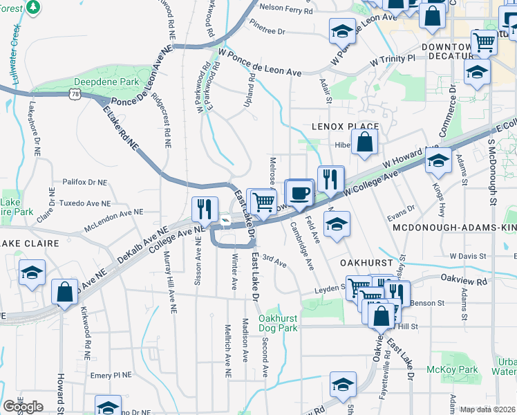 map of restaurants, bars, coffee shops, grocery stores, and more near 120 Melrose Avenue in Decatur