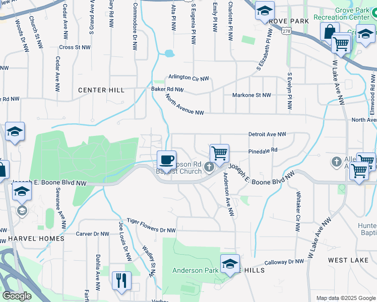 map of restaurants, bars, coffee shops, grocery stores, and more near 4140 Westchester Boulevard Northwest in Atlanta