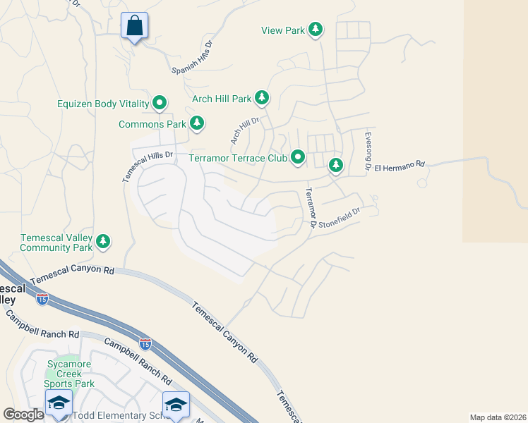 map of restaurants, bars, coffee shops, grocery stores, and more near Oakton Way in Riverside County