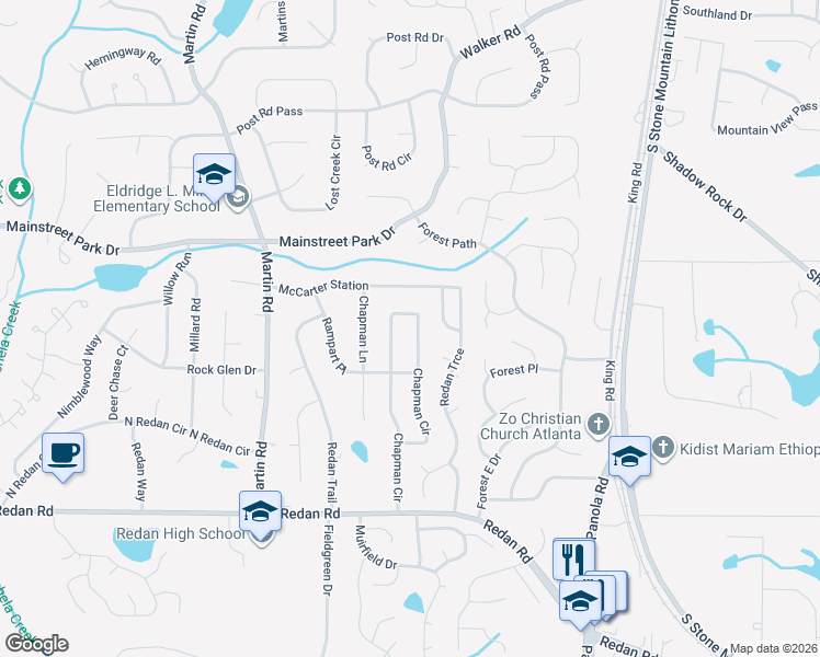 map of restaurants, bars, coffee shops, grocery stores, and more near 921 Chapman Circle in Stone Mountain