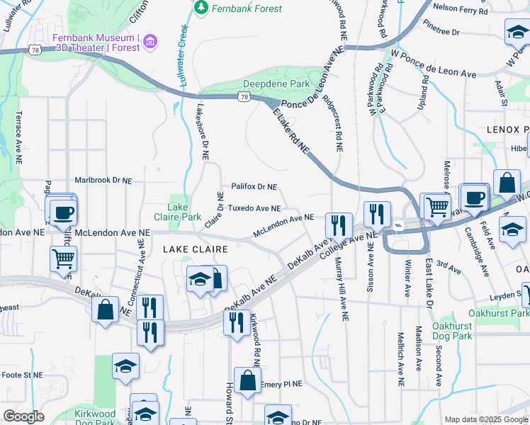 map of restaurants, bars, coffee shops, grocery stores, and more near 2029 Tuxedo Avenue Northeast in Atlanta