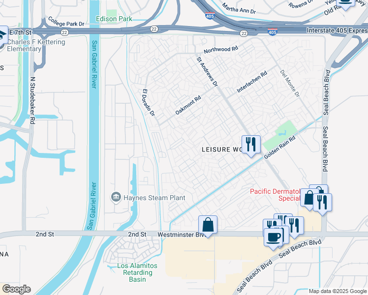 map of restaurants, bars, coffee shops, grocery stores, and more near 1300 Knollwood Road in Seal Beach