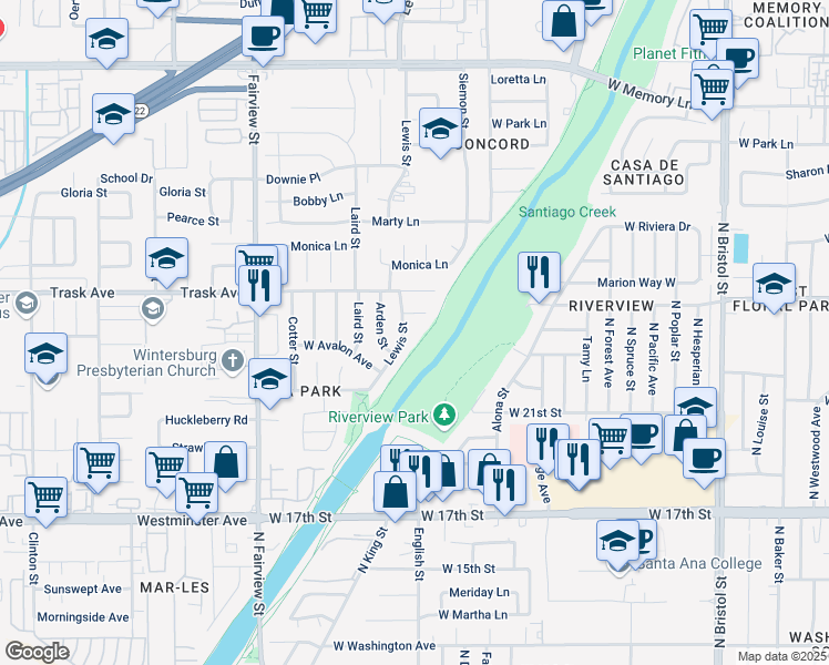map of restaurants, bars, coffee shops, grocery stores, and more near 2005 Santa Clara Circle in Santa Ana