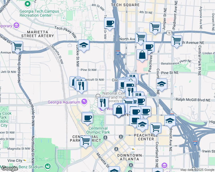 map of restaurants, bars, coffee shops, grocery stores, and more near 385 Centennial Olympic Park Drive Northwest in Atlanta