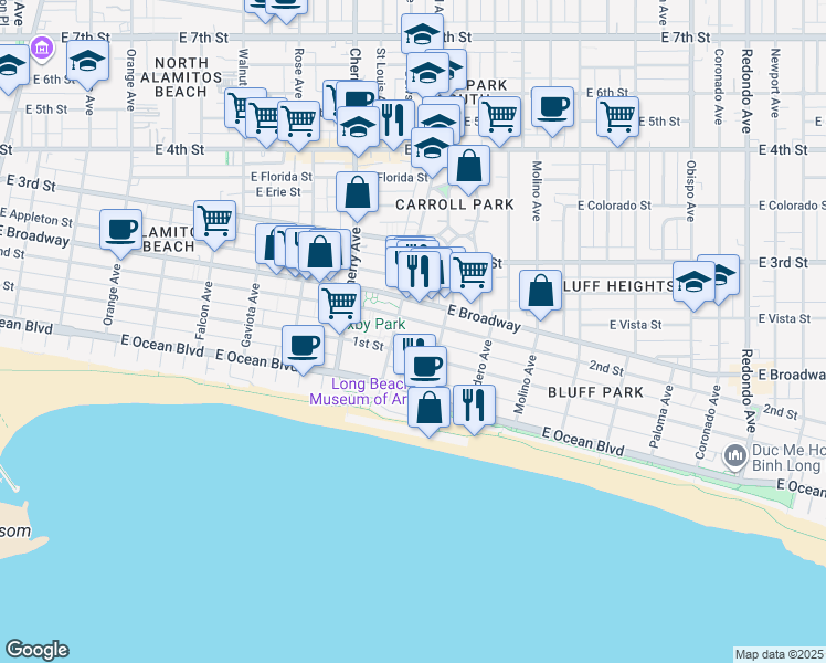 map of restaurants, bars, coffee shops, grocery stores, and more near 2126 East 2nd Street in Long Beach