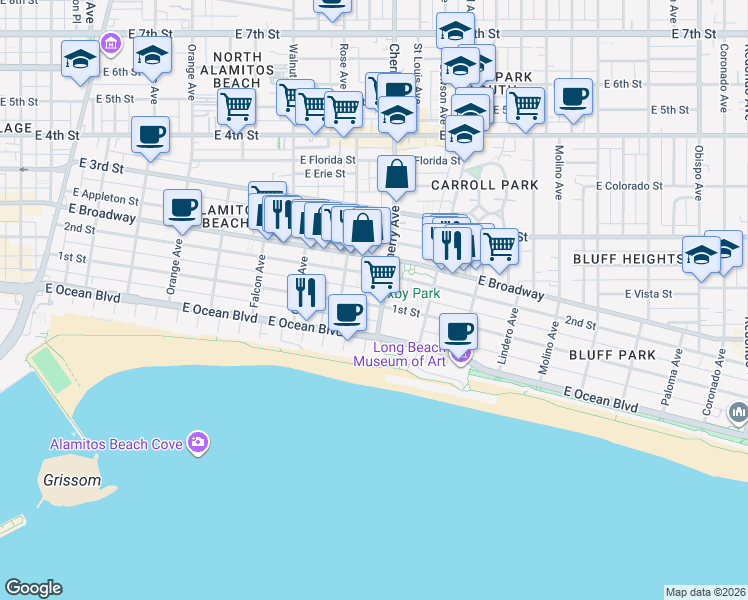 map of restaurants, bars, coffee shops, grocery stores, and more near 1918 2nd Street in Long Beach
