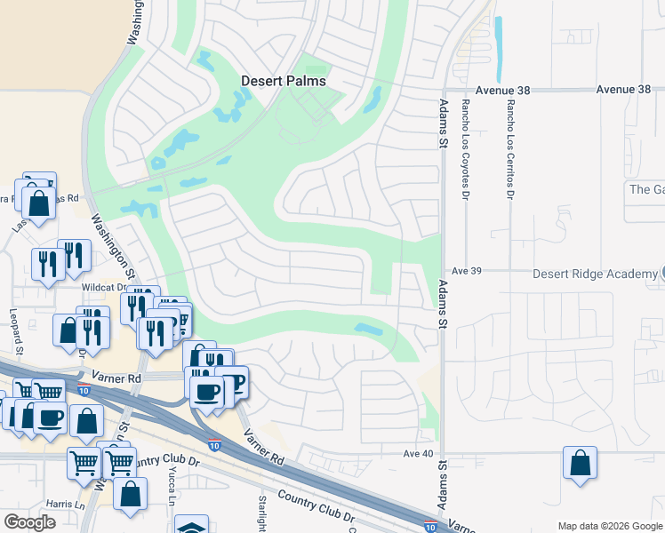 map of restaurants, bars, coffee shops, grocery stores, and more near 78724 Palm Tree Avenue in Palm Desert