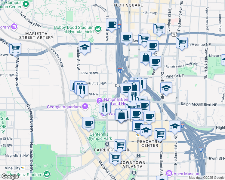 map of restaurants, bars, coffee shops, grocery stores, and more near 433 Centennial Olympic Park Drive Northwest in Atlanta
