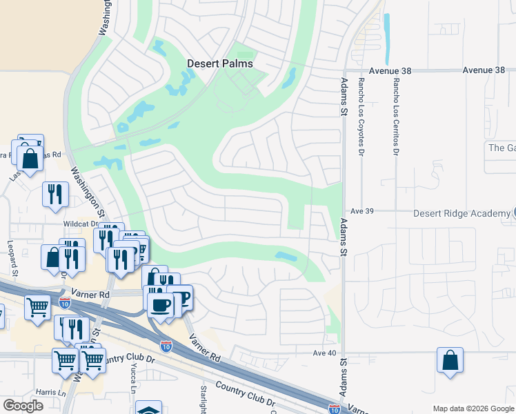 map of restaurants, bars, coffee shops, grocery stores, and more near 78692 Links Drive in Palm Desert