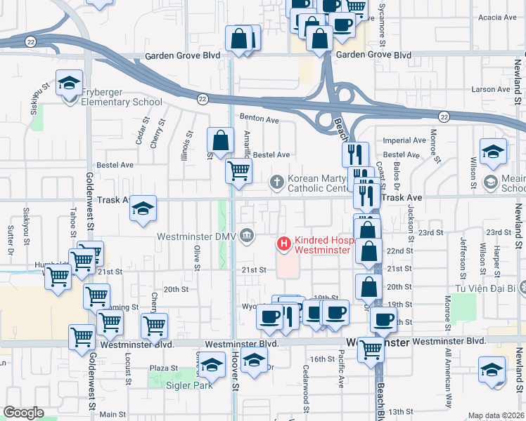 map of restaurants, bars, coffee shops, grocery stores, and more near 13535 Cobblestone Lane in Westminster
