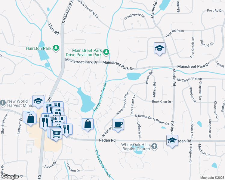 map of restaurants, bars, coffee shops, grocery stores, and more near 4922 Glenside Court in Stone Mountain