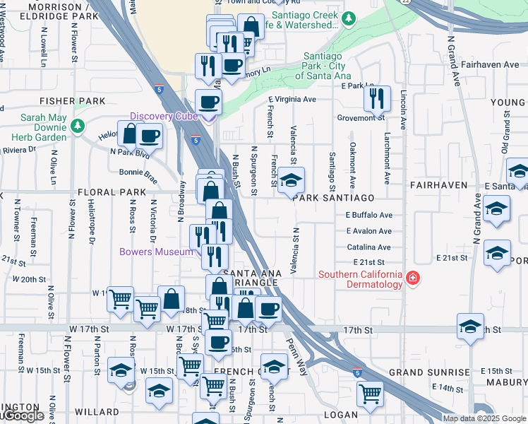 map of restaurants, bars, coffee shops, grocery stores, and more near 322 East Santa Clara Avenue in Santa Ana