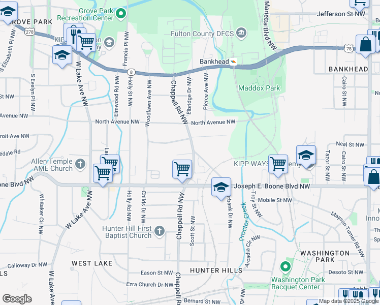 map of restaurants, bars, coffee shops, grocery stores, and more near 380 Chappell Road Northwest in Atlanta