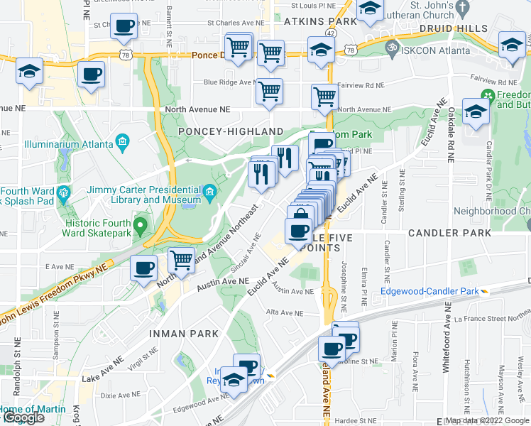 map of restaurants, bars, coffee shops, grocery stores, and more near 418 Sinclair Avenue Northeast in Atlanta