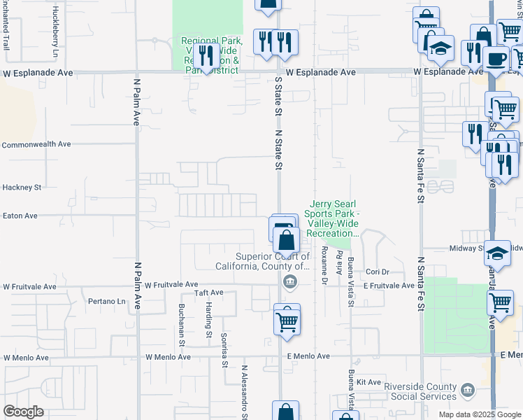map of restaurants, bars, coffee shops, grocery stores, and more near 1097 North State Street in Hemet
