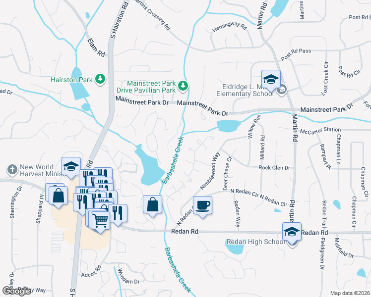 map of restaurants, bars, coffee shops, grocery stores, and more near 4905 Glenside Court in Stone Mountain