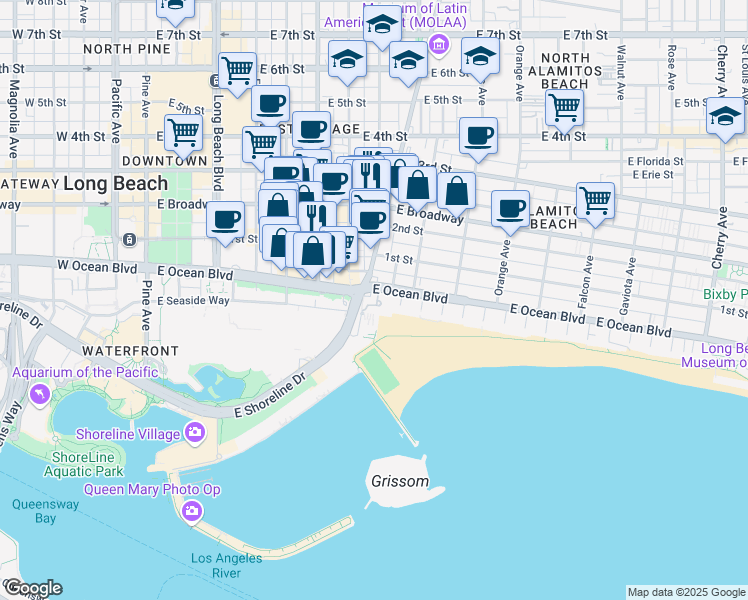 map of restaurants, bars, coffee shops, grocery stores, and more near 841 East Ocean Boulevard in Long Beach