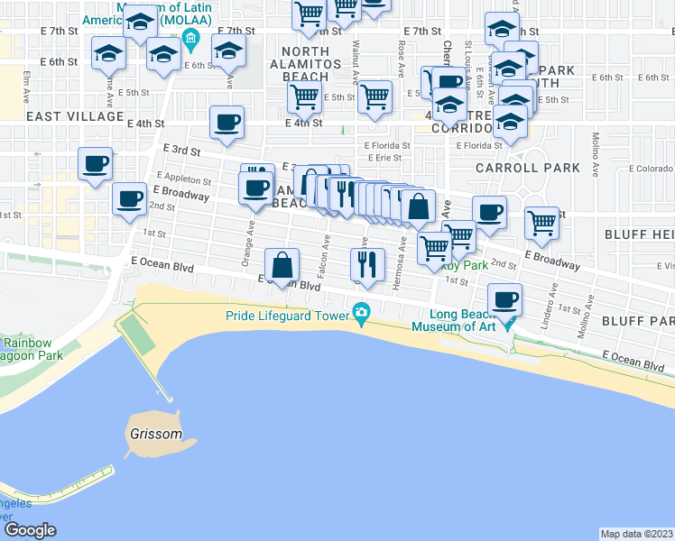 map of restaurants, bars, coffee shops, grocery stores, and more near 1528 East 1st Street in Long Beach