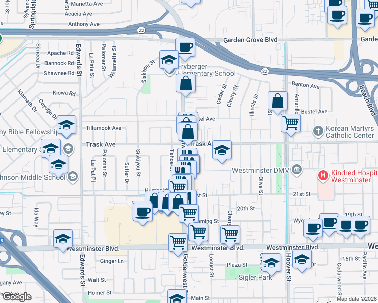 map of restaurants, bars, coffee shops, grocery stores, and more near 7041 Trask Avenue in Westminster