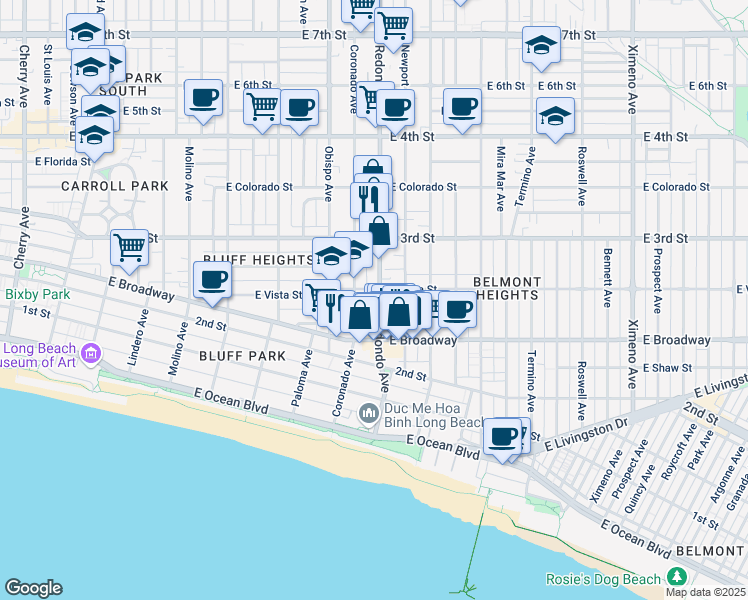 map of restaurants, bars, coffee shops, grocery stores, and more near 245 Redondo Avenue in Long Beach