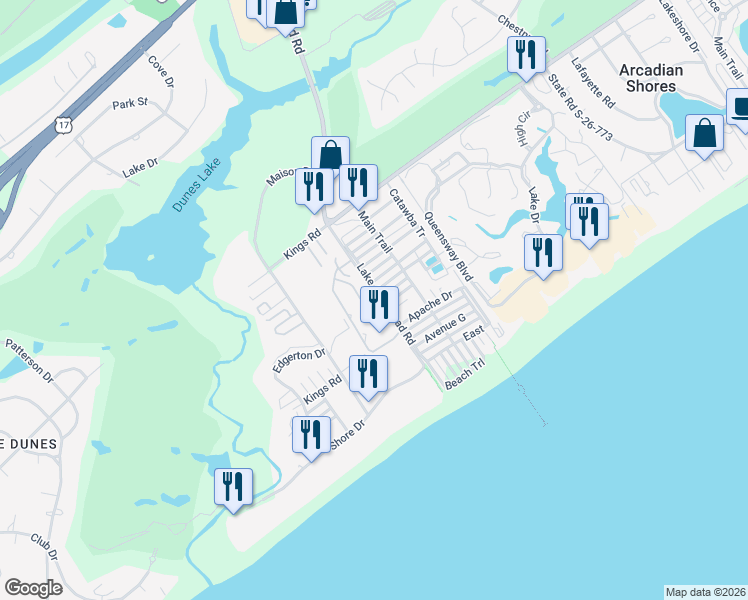 map of restaurants, bars, coffee shops, grocery stores, and more near 584 Apache Drive in Myrtle Beach