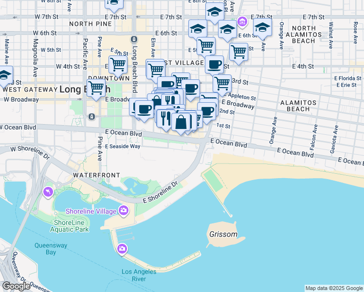 map of restaurants, bars, coffee shops, grocery stores, and more near 2 Atlantic Way in Long Beach
