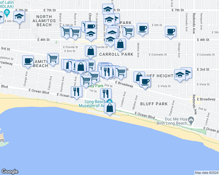 map of restaurants, bars, coffee shops, grocery stores, and more near 2214 2nd Street in Long Beach