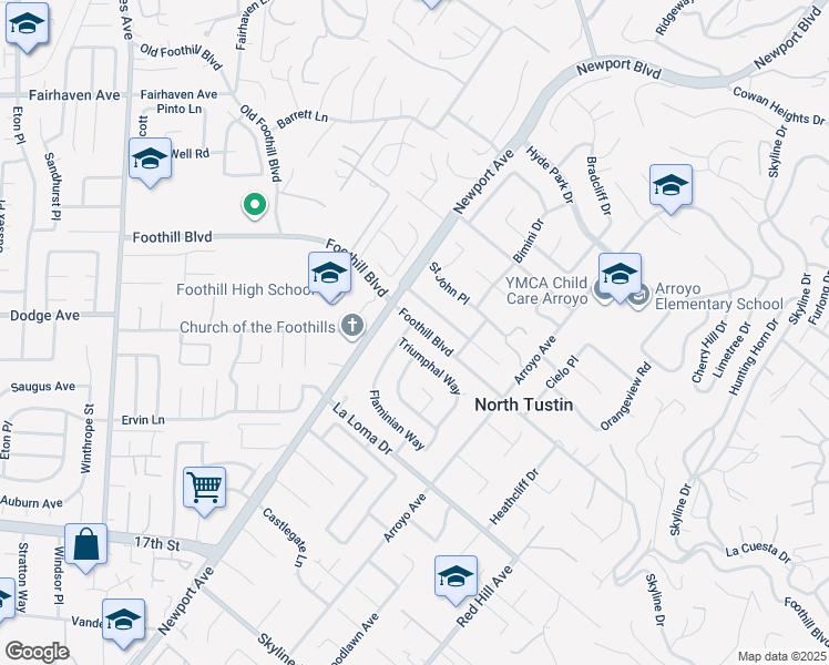 map of restaurants, bars, coffee shops, grocery stores, and more near 1072 Foothill Boulevard in Santa Ana
