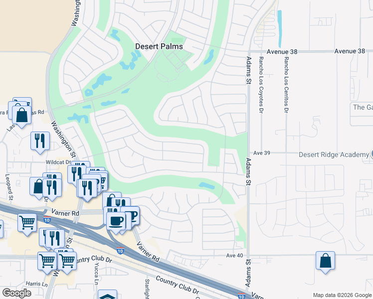 map of restaurants, bars, coffee shops, grocery stores, and more near 78724 Palm Tree Avenue in Palm Desert