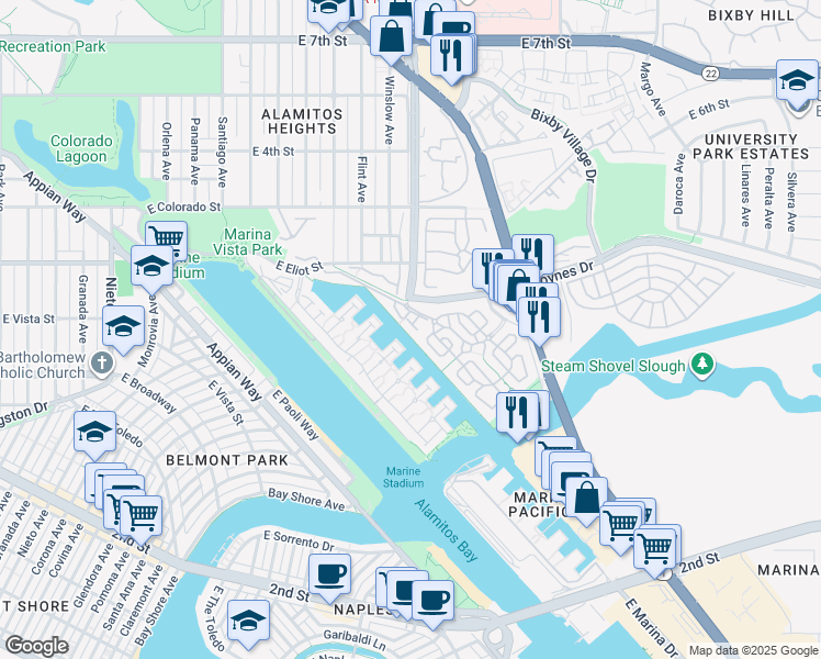 map of restaurants, bars, coffee shops, grocery stores, and more near 5995 Azure Way in Long Beach