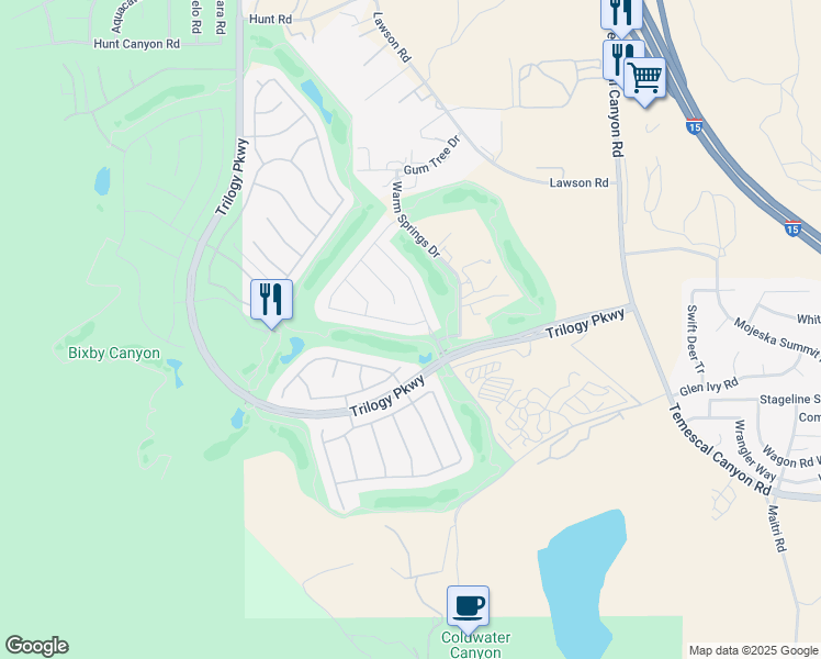 map of restaurants, bars, coffee shops, grocery stores, and more near 9389 Robinson Lane in Corona