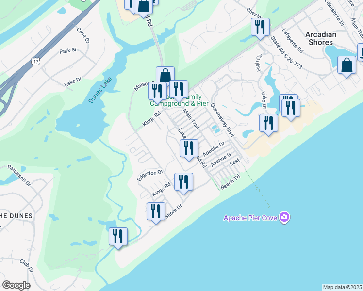 map of restaurants, bars, coffee shops, grocery stores, and more near 351 Lake Arrowhead Road in Myrtle Beach