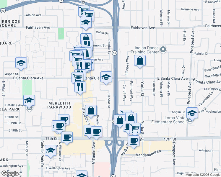 map of restaurants, bars, coffee shops, grocery stores, and more near 2413 East Buffalo Avenue in Santa Ana