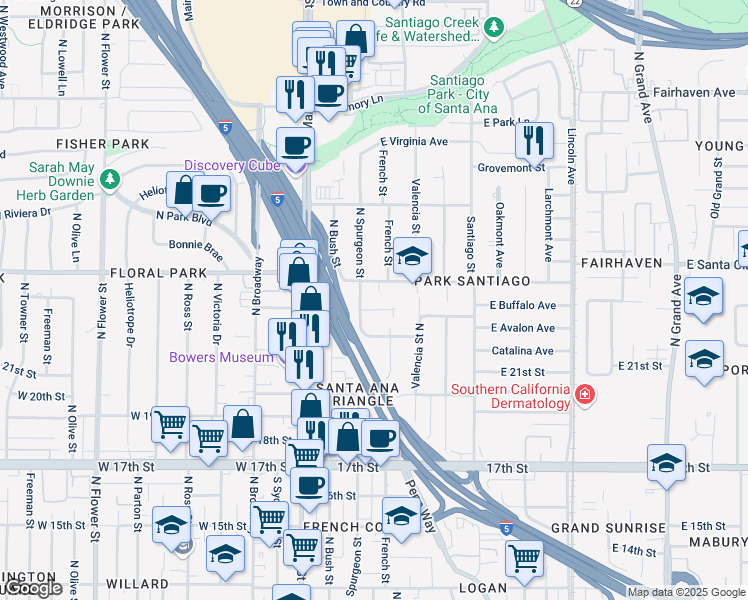 map of restaurants, bars, coffee shops, grocery stores, and more near 322 East Santa Clara Avenue in Santa Ana